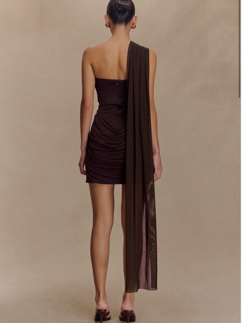 Meshki Chocolate One-Shoulder Ruched Mini Dress - Picture 2 of 2